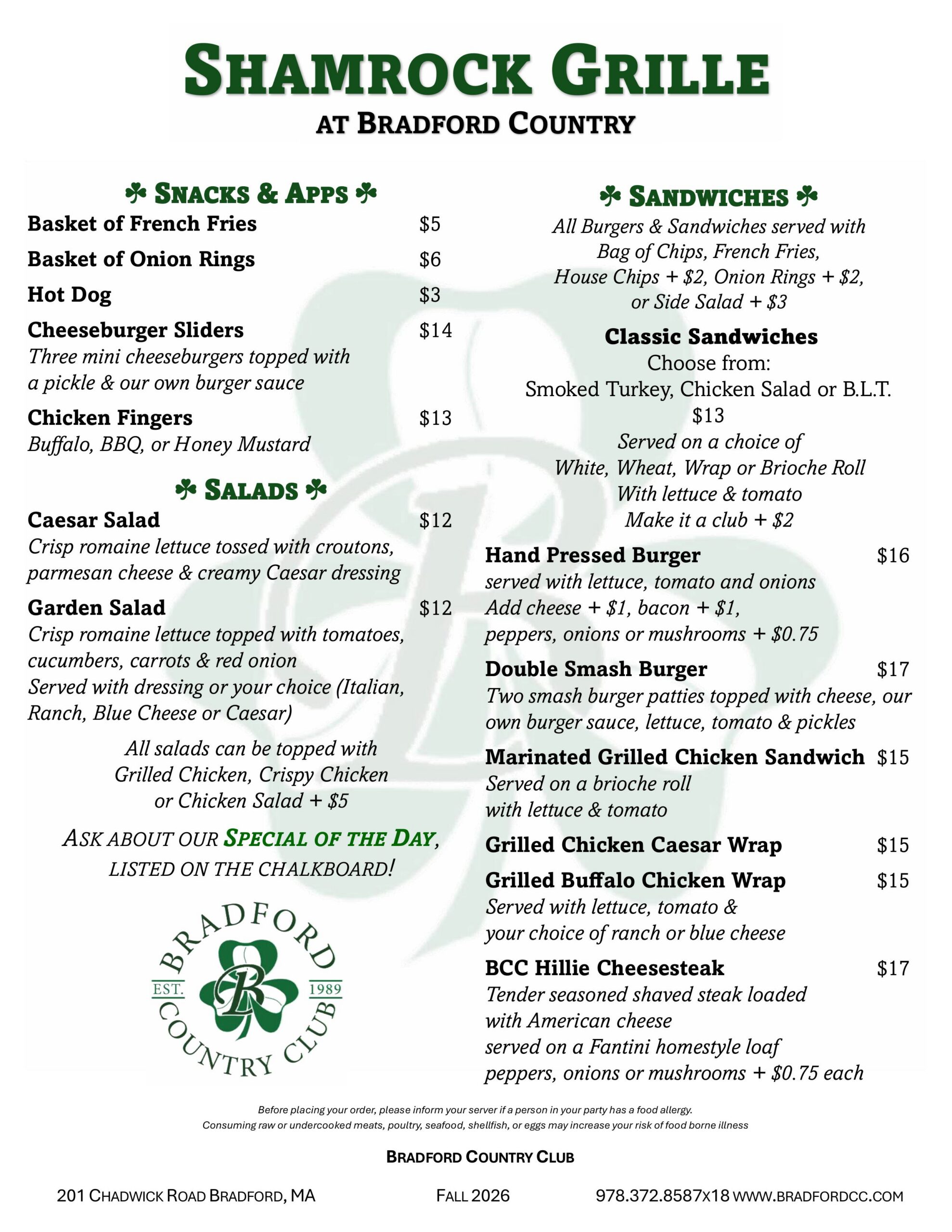 Shamrock Grille Menu